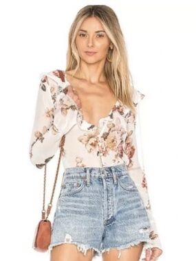 MAJORELLE Cream Floral Butterfly Ruffle V-Neck Long Sleeve Victorian Blouse